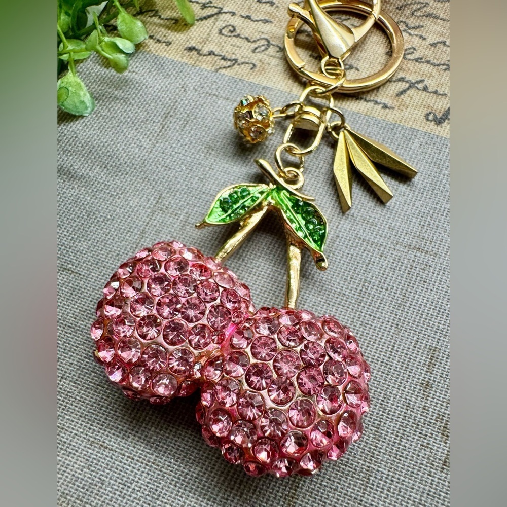 New Pink Austrian Crystal Cherry Gold Tone Purse Charm Keychain w/ Accent - 4.5”